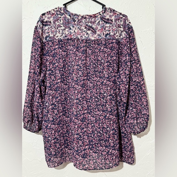 Chaps Blue & Pink Floral 3/4 Sleeve Tie Neck Boho Peasant Blouse Top Sz 2X - Picture 5 of 7